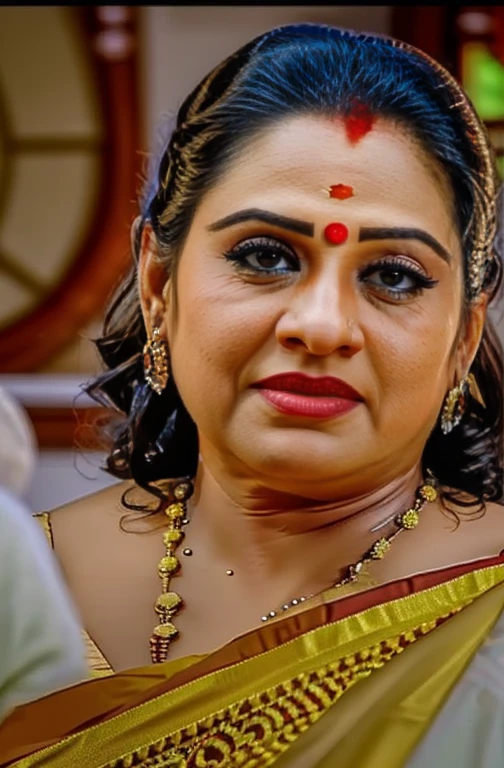 beautifully detailed half shot portrait of a mature woman sheela wearing saree,showing midriff ,showing her striking features, close-up view, extremely detailed eyes and face, long eyelashes, high definition, 4k, detailed lighting, cinematic composition, photorealistic, masterpiece