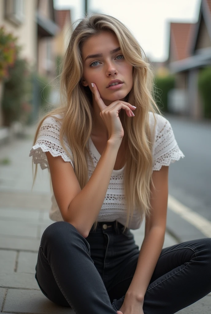 Create a realistic image of a 20 year old woman, long blonde hair, blue eyes, cheekbones, ((full body)),
 sitting on the ground in the street on a sidewalk, wearing black jeans,
 t-shirt has white lace, makes a face, background image 
of houses, from head to toe, full body, hyper realistic photo