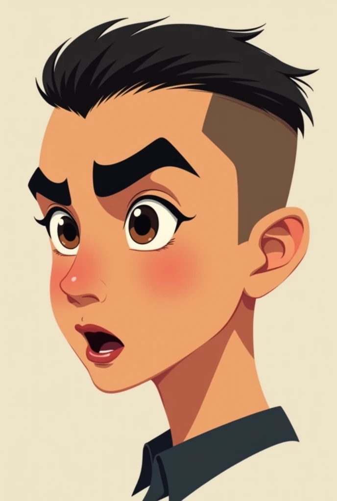 2D animation Young man portrait left side of the face, with buzz cut hair, thick black eyebrows with expressive brown eyes and long eyelashes, small nose and small mouth with a dark lower lip.