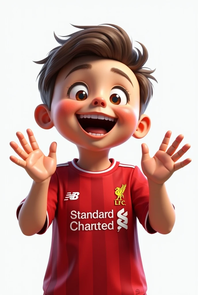 cute boy wearing liverpool football shirt, happy expression, raised hands, realistic, funny style, white background, detailed facial features, realistic skin texture, dynamic pose, photorealistic, 8k, masterpiece, digital art, highly detailed