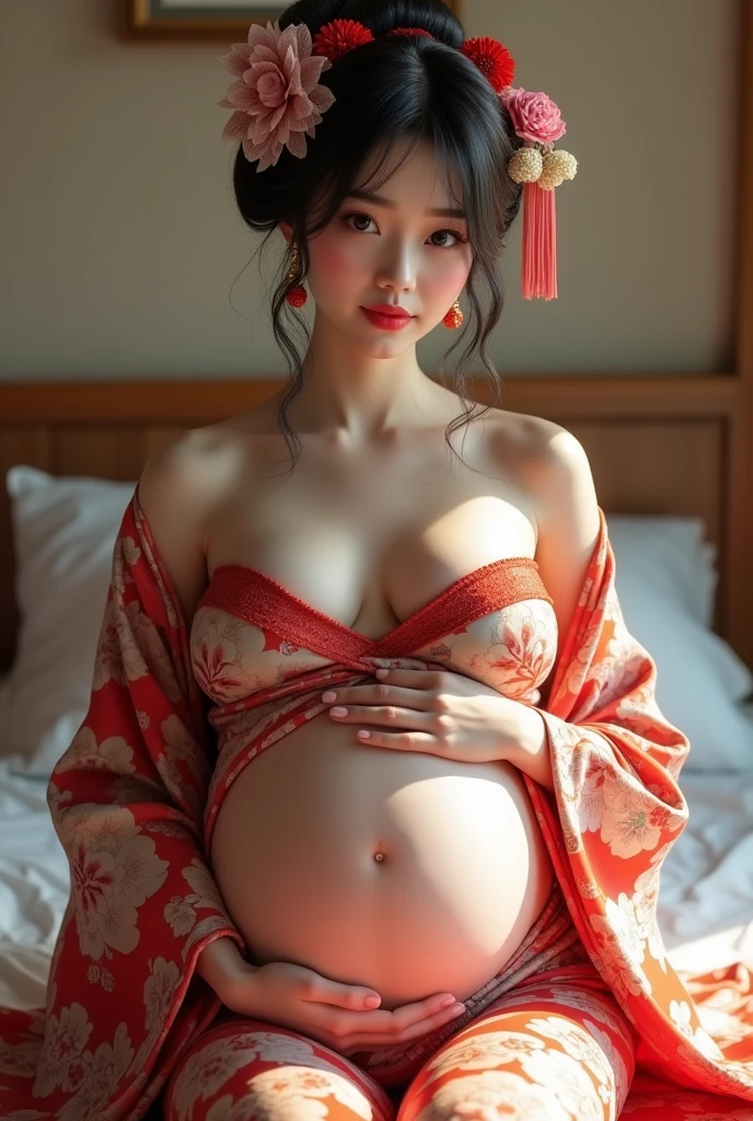 high high quality， 超高分辨率， （realisticlying： 1.4）， cinematric light， depth of fields， beauitful face， （PureErosFace_V1：0.8），  Girl dressed as a Chinese bride，Pregnant women with，potbelly，The body is facing me，Lie down in bed，Top-down view，Spread your legs，Expose the lower body，Exposing female genitalia，exposing her chest，