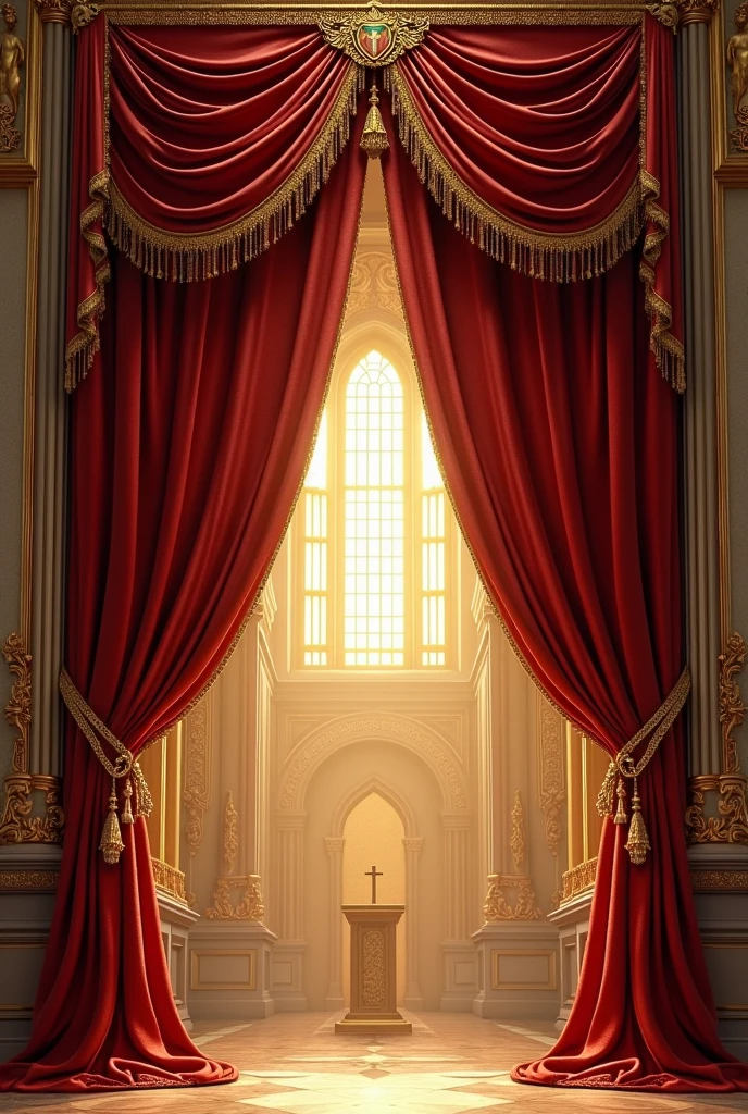 A curtain decoration to put in the background of a church that is a little wider than that which goes from one wall to the other with a tube to be able to hold the curtains wider than the image you just created.