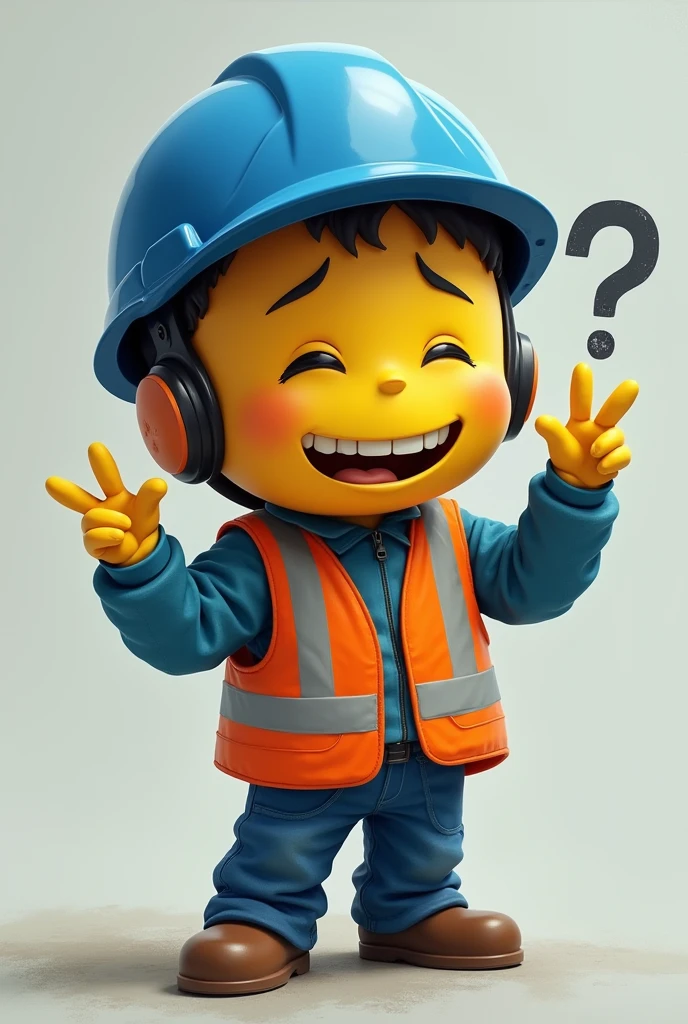A sad smiley with a blue helmet and safety vest. Which raises its arms questioningly