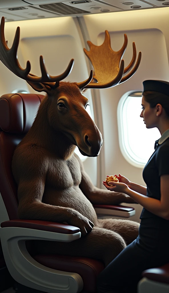 The moose is now shown safely inside the plane, sitting comfortably in a passenger seat while a flight attendant hands him peanuts