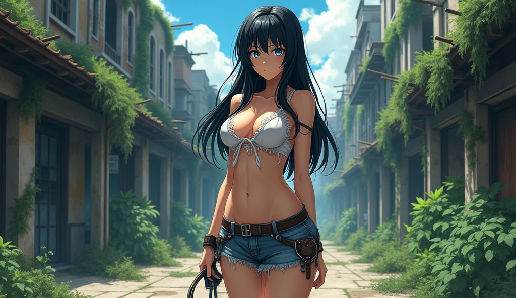 (Best quality, 8K, masterpiece: 1.2). BEAUTIFUL WOMEN IN THE PHOTO.A stunning anime portrait of a full-length woman. (Maya is a very shy beautiful girl with long dark black hair, piercing blue eyes, and medium breasts). extremely detailed slim and athletic eyes and faces, beautiful detailed eyes, beautiful detailed lips, long eyelashes, (beautiful ultra detailed natural breasts, extremely shaped breasts, breasts move/bounce naturally), (toned and shaped butt, beautiful detailed firm butt, Round and firm), (beautiful thick lip pussy, delicious detailed and defined),Description of extreme details, vivid and intense colors, vibrant colors, bright eyes, post-apocalyptic, city in ruins, city and buildings covered with weeds, lush vegetation,torn old and dirty clothes,seductive pose,CAMELTOE,NIPPLES STAND OUT IN CLOTHING,NIPPLES ARE MARKED ON HER CLOTHES