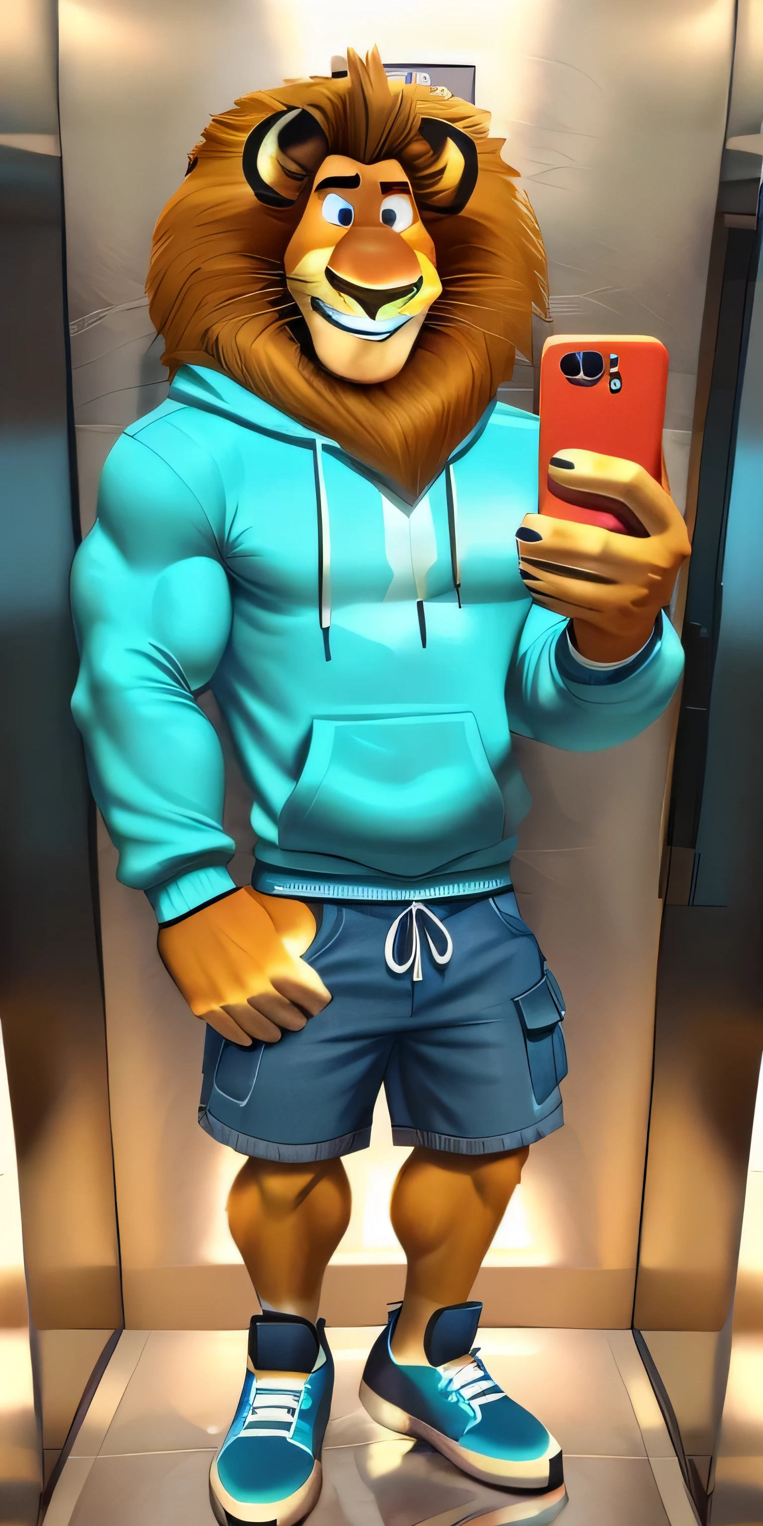 Alex the Lion, muscular body, big biceps, extremely beautiful and cute face, perfectly detailed blue eyes with perfectly detailed pupils, wears cyan sweatshirt, camouflage cargo shorts, white short socks, blue sneakers, elevator background, selfie, friendly look, smile