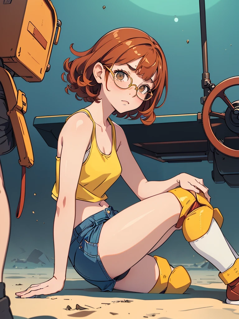 (masterpiece), (best quality), ((one girl)), ((alone)),copper red hair,(brown eyes),short hair, (curly hair),((side parted hair bangs)),anime style, freckles, (small breasts), (petite figure), (blue tank top),((knee pads)),legs, (desert background)), ((yellow circle glasses))