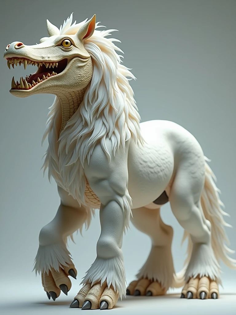 an animal with the body of a horse that has eyes and mouth of crocodile and the feet of lion with white fur.