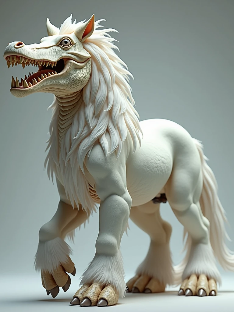 an animal with the body of a horse that has eyes and mouth of crocodile and the feet of lion with white fur.