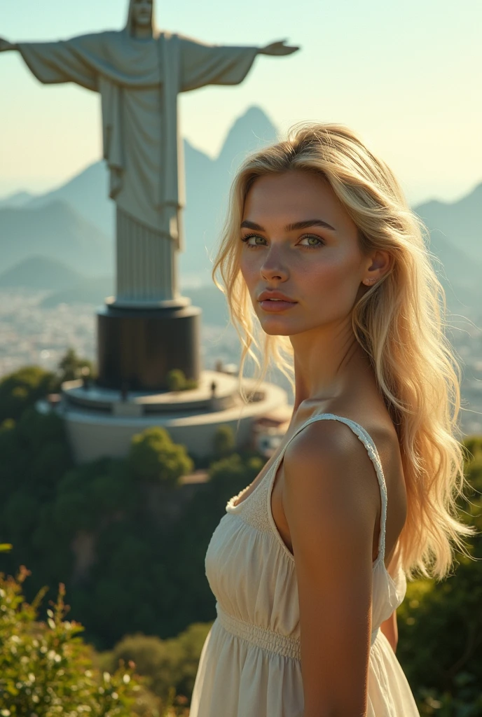 Generate the same beautiful blonde woman next to Christ the Redeemer Rio de Janeiro 