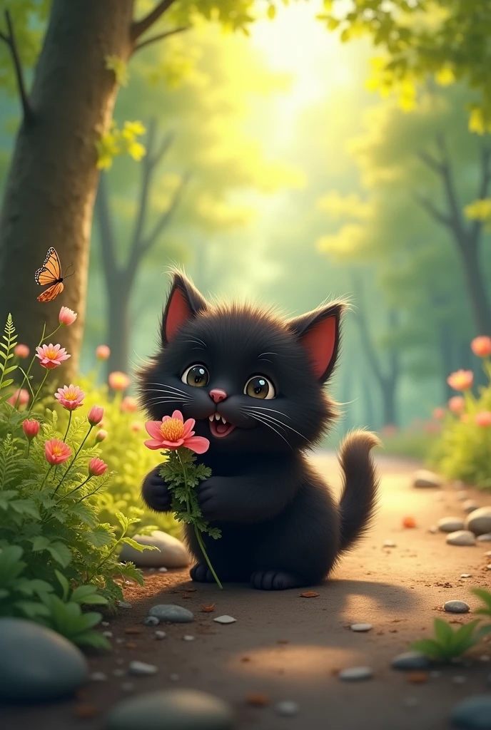 A black, fluffy cat. The cat is picking flowers by the roadside. The scene is inside a beautiful forest, with soft sunlight filtering through the leaves. The cat's expression is happy and playful.