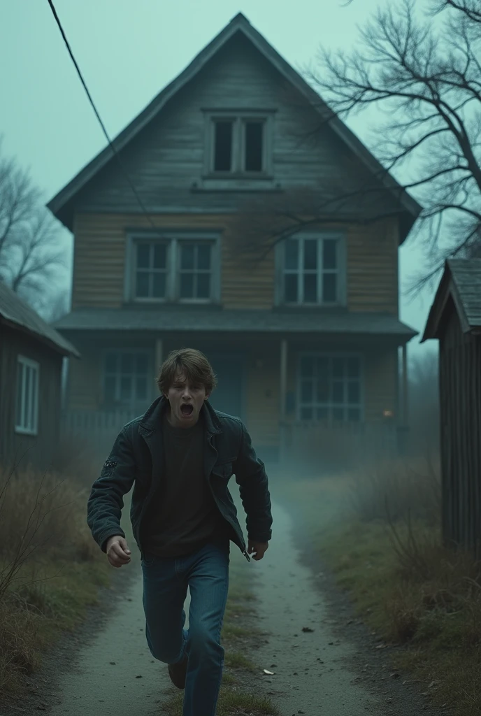 A young man fleeing from a large wooden house, with expressions of fear on their faces, in an abandoned town with a gloomy atmosphere and a little more lively 
