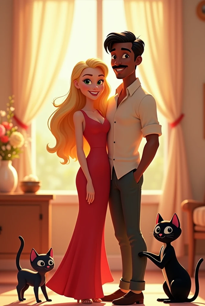 Disney Pixar style image. A blonde woman wearing a red dress, along with her dark-skinned, mustachioed husband. a black cat, and a black and white cat.