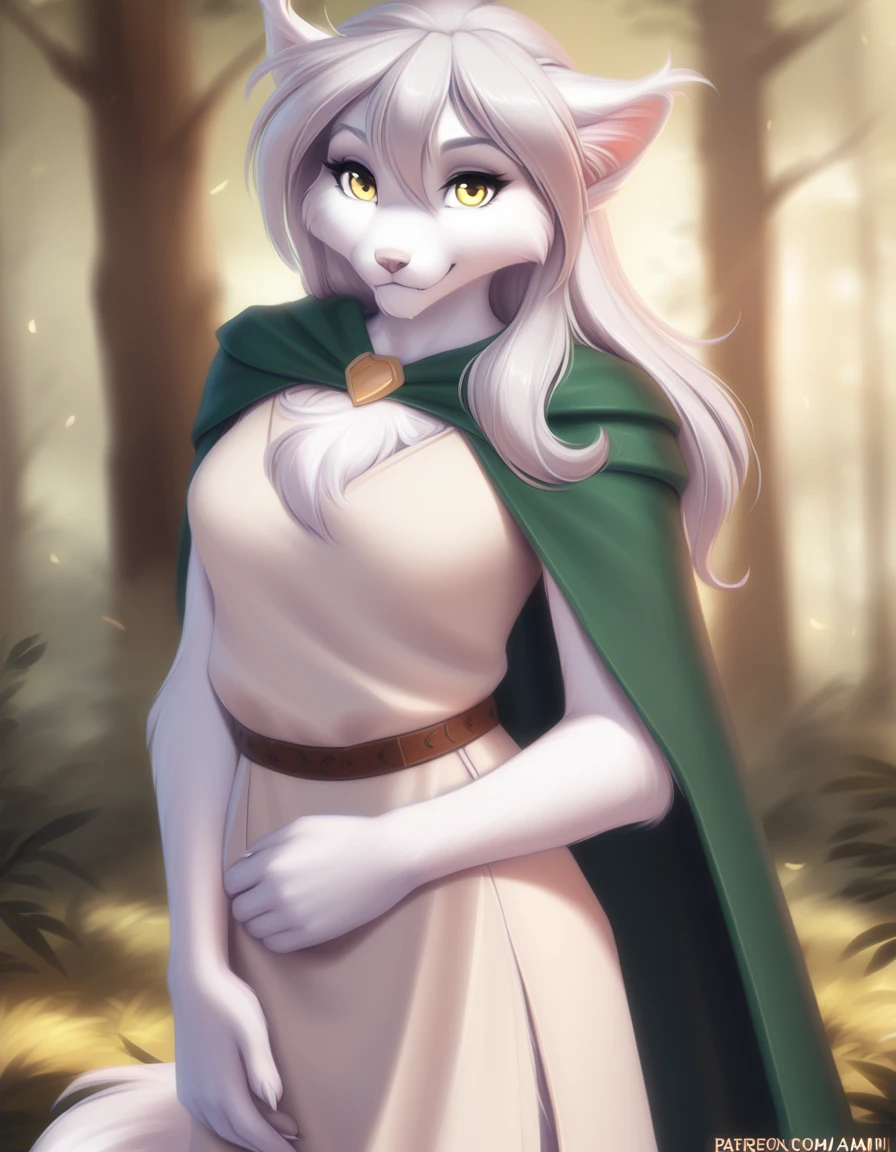 solo, female, tkraine, wolf, yellow eyes, silver hair, white fur, raine_silverlock, twokinds, , personalami, rating:safe, arm_tuft, breasts, by tom_fischbach,, (best quality, masterpiece:1), furry female anthro, female, 1girl, portrait, fingers, finger claws, looking at viewer, (outdoors dark forest trees blurry blurred background:1.1), green cape, pauldron, pelvic curtain, foot on body trace human male bed