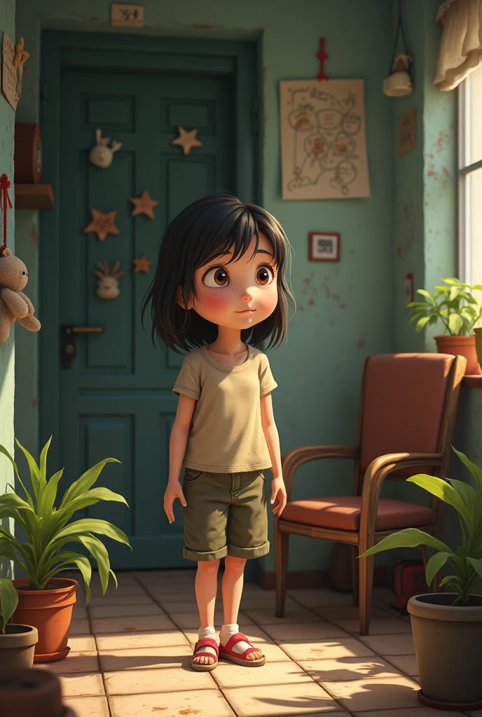 A young girl living in a small, rundown apartment with her grandmother. Image animated 