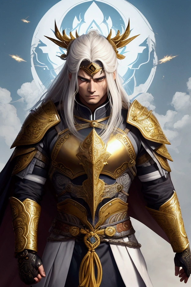 
They were Argosax, known as "The Saint of the Sword," He has an appearance that reflects both the dignity of a veteran warrior and the wisdom and power accumulated throughout a life dedicated to combat and divine service..

Physical appearance:
face: Ishin has a stern face, weathered by the years., with deep wrinkles that denote experience and a life of battles. His skin is pale, almost translucent, giving a feeling of solemnity and gravitas. His eyes are an intense blue, full of determination and knowledge, although they also show a trace of fatigue, a reflection of the countless wars it has witnessed. His gaze is penetrating, able to intimidate his opponents with a single glance.

hair: Her hair is a golden blonde, although it is interspersed with silver threads due to his advanced age. She has long hair, falling on your shoulders, and is usually arranged in a classical and noble style, perhaps gathered in a small bun at the nape of the neck or simply loose. He has a trimmed beard, the same color as your hair, which adds an air of wisdom and authority.

Vestimenta y armor:
armor: Ishin wears heavy armor, decorated with engravings and reliefs that symbolize their loyalty to the Golden Order. The armor is made of a burnished, golden metal., with intricate details depicting sacred symbols and scenes from ancient battles. His chest is solid, protecting your torso firmly, and is adorned with golden emblems that seem to shine with a light of their own.. Despite its weight, The armor is designed to allow great mobility., something essential for your fighting style.

layer: On his armor, Ishin wears a long cloak of white or pale gold, fastened with gold clasps at the shoulders. The cape flutters majestically behind him., accentuating his imposing figure and giving an impression of grandeur and power. The cape is decorated with embroidery representing his rank and faith., and moves with it