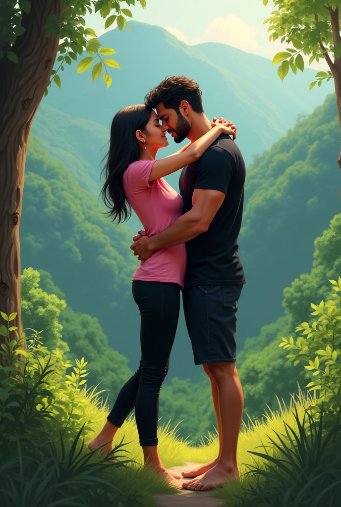 A  girl name supriya who is 5.4 feet short kissing  sanyog her boyfriend who is 6 feet tall is grabing her breast tightly , boy wearing black t-shirt and girl wearing pink t-shirt in hills area jungle ,boy wearing half pant ,boy is 80 kg with no beard and. Girl wearing black box pant 
