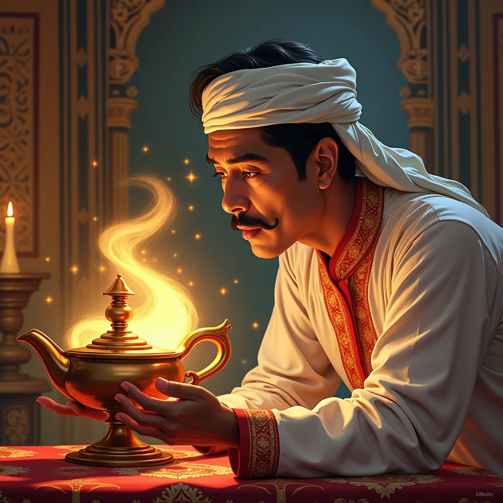 president jokowi with a mustache wear arabian clothe, looking at his lamp, with genie in a lamp