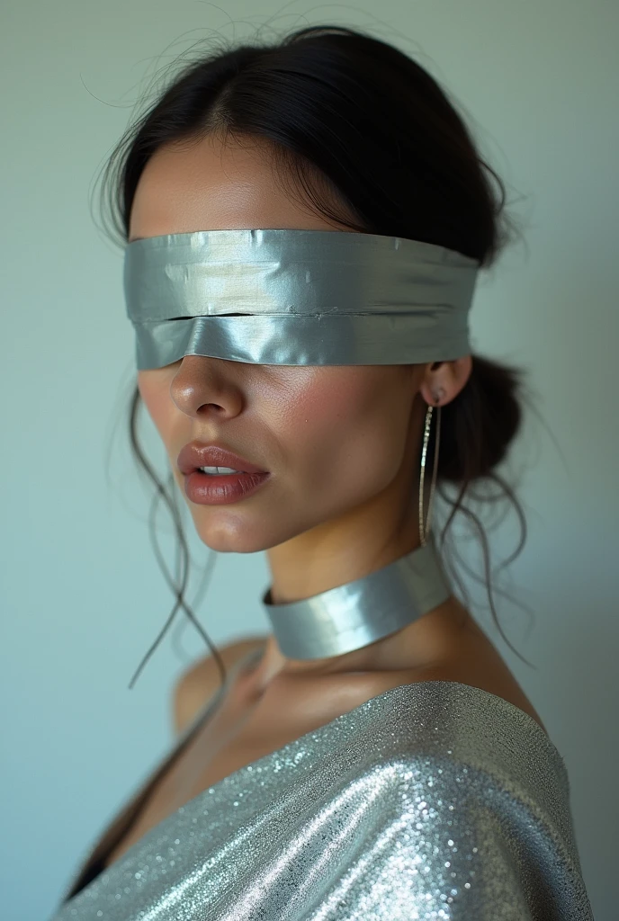 Aesthetic girl blindfolded Duct tape gagged in silver shimmering saree taking selfie 