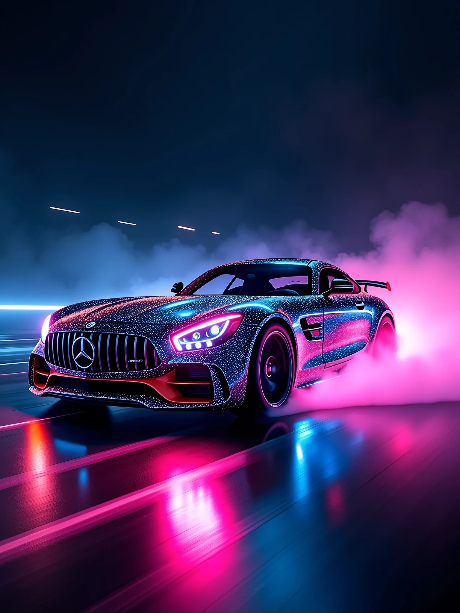 A breathtaking, futuristic photograph of a sleek Mercedes-AMG car, glowing with a dazzling array of vibrant neon colors. The car is illuminated in a kaleidoscope of hues, with the headlights and taillights casting an intense, almost otherworldly glow. The background is a dark, infinite void, allowing the car's colors to stand out and dominate the scene. The overall ambiance is one of high-energy and excitement, evoking a sense of speed and power. The image exudes a cinematic quality, perfect for a high-stakes chase scene in a futuristic blockbuster film., cinematic, photo, vibrant