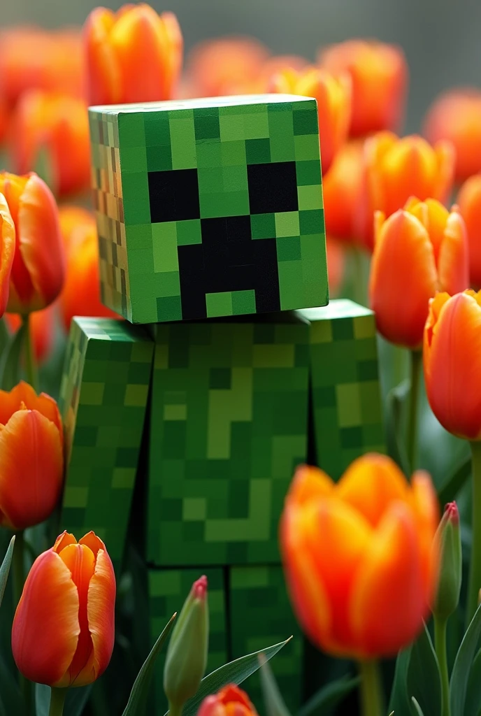 Creeper de Minecraft y tulipanes naranjas