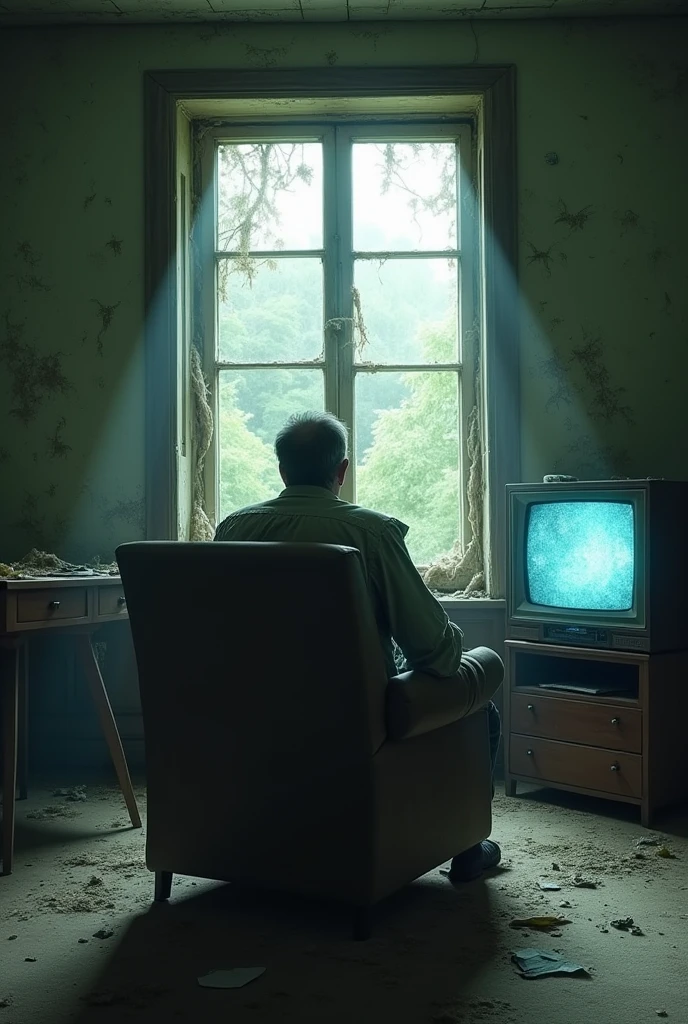 Abandoned house living room man sitting in an armchair in front of a tv