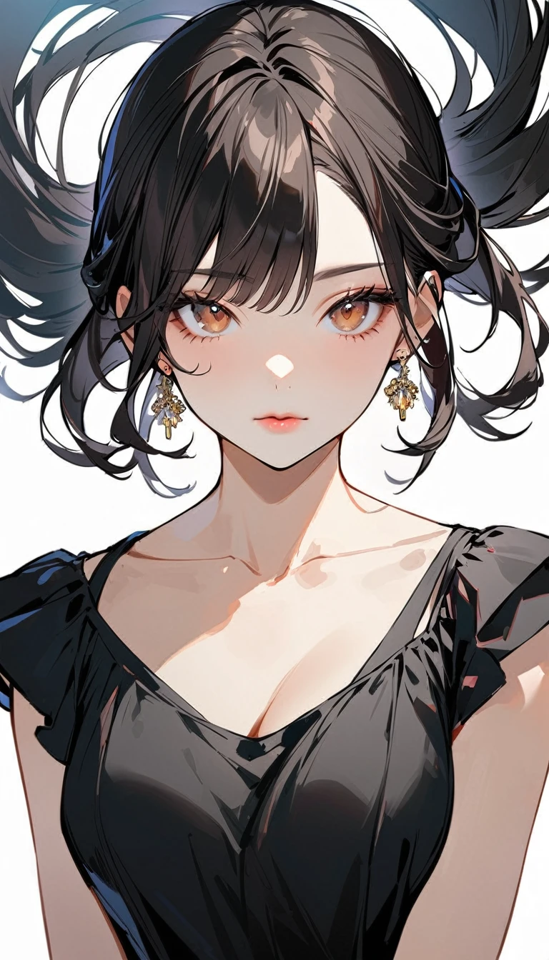 1woman, solo, upper body, fhorizontal French twist hair, black hair, brown eyes, wearing a simple black dress, sleeveless, looking at viewer, light pink lips, upper body, closed mouth, shirt, earrings, white background