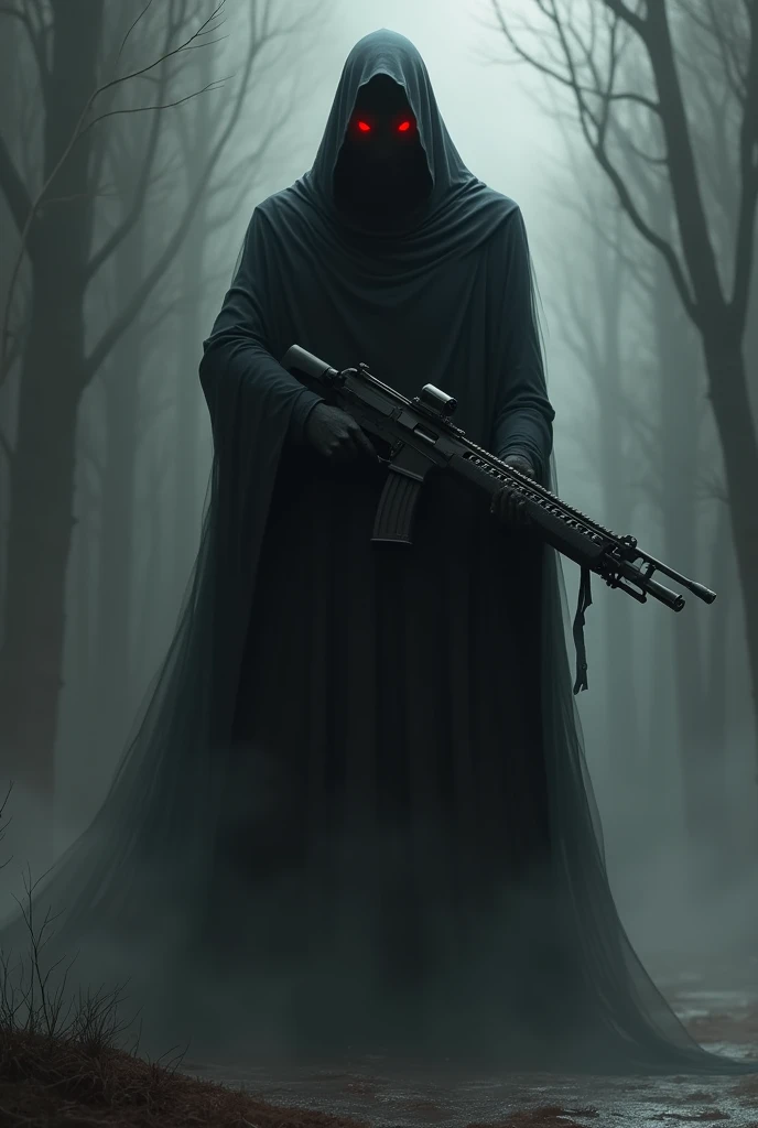 Make a shadow creature, it is humanoid and wears a black cloak that covers its body, it has red eyes and its weapon is a rifle.