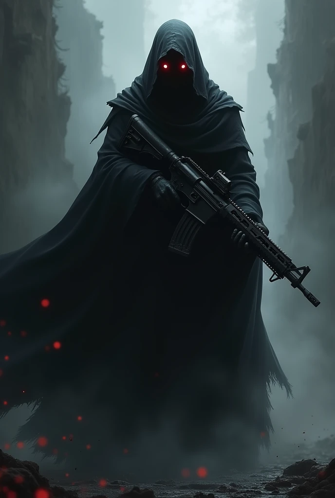 Make a shadow creature, it is humanoid and wears a black cloak that covers its body, it has red eyes and its weapon is a rifle.