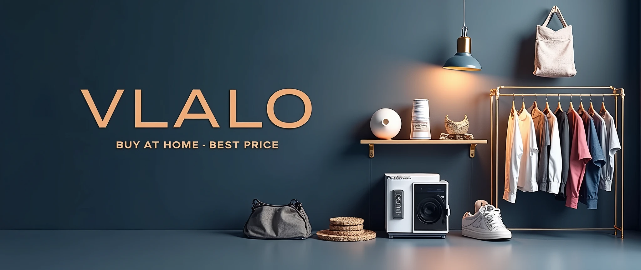 "Create a cover poster for Vlalo, a grocery store specializing in affordable home shopping for household items, appliances, and clothing. The design should feature sleek, modern visuals of these categories, such as stylish home gadgets, elegant clothing, and practical household products. Use a professional color scheme with sophisticated tones like navy blue and grey, avoiding the typical bright colors used for food products. Include the Vlalo logo prominently, with a tagline like 'Buy at home - Best price' in a refined font. The overall design should convey a sense of convenience, modernity, and value.