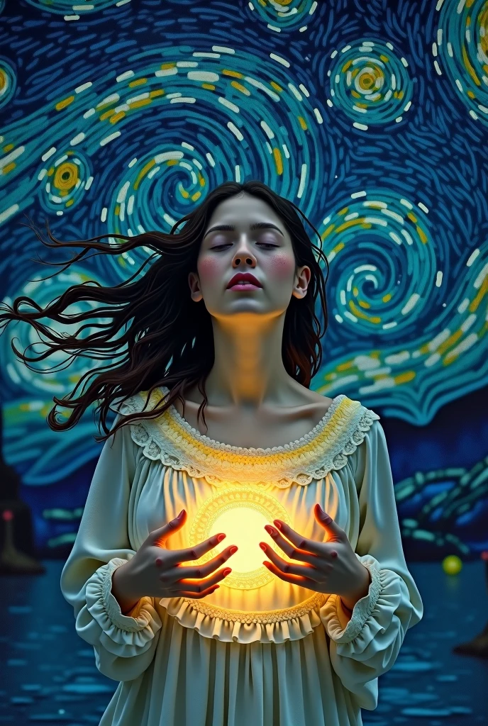 Night with stars like van gogh's starry night and a woman emanating light from her chest It's easy to be one more in the darkness.
The difficult thing is to be one in the true light
