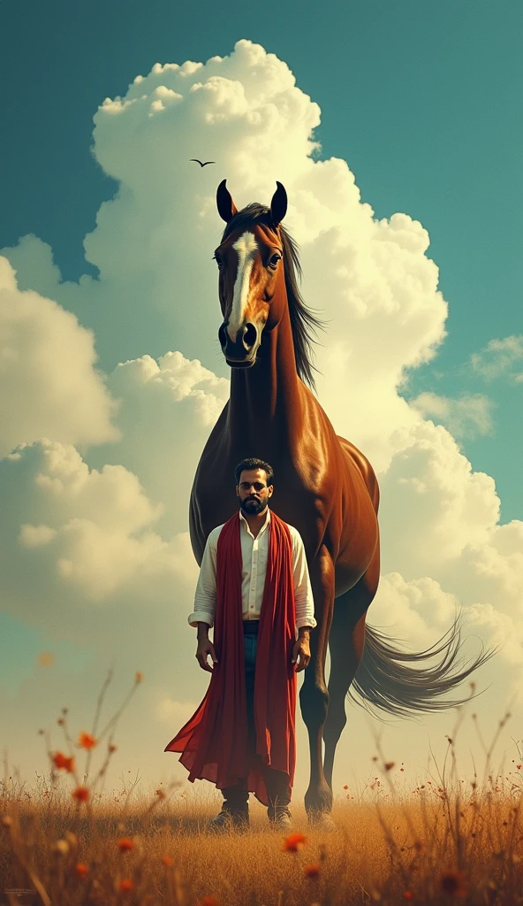 a man standing in front of a horse and a sky with clouds in the background with a horse and a man in the foreground, Altoon Sultan, samikshavad, movie poster, poster art