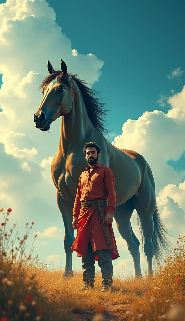 a man standing in front of a horse and a sky with clouds in the background with a horse and a man in the foreground, Altoon Sultan, samikshavad, movie poster, poster art