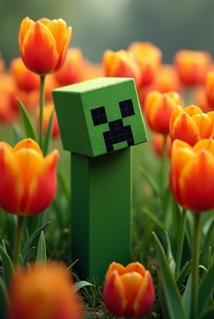 Creeper de Minecraft y tulipanes naranjas