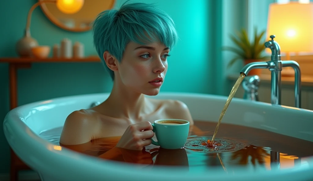 Woman 20 Years Old Nordic Ethnicity, short blue hair with a perfect face and light freckles, Blue-Green Eyes, an album cover, showing her bathing in a bathing tub full of coffee, with a coffee machine nearby, pouring even more coffee in the tub by a coffee cup hold in her hand, ((Color palette - turquoise, neon green, yellow shades))