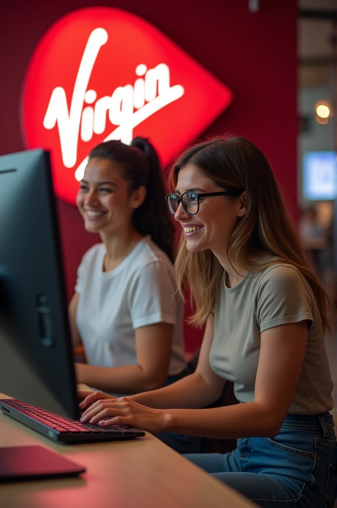 Two young women are using a desktop in an office and chatting with their clients. The Virgin Media logo is on the wall behind them. The women are wearing tops and jeans. One of the women is also wearing glasses.