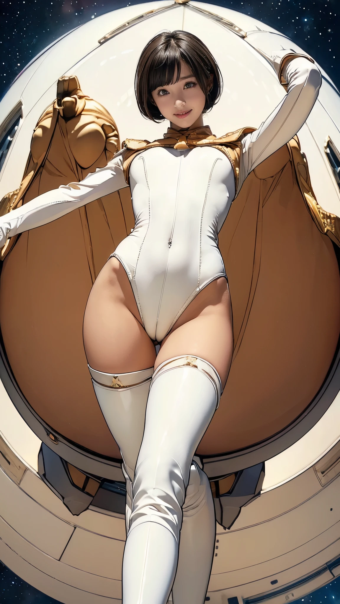 (masterpiece、Highest quality、Highest Resolution、clear_image、detailed explanation): (Full body portrait、、Very slim:1.4、Thin thighs:1.3、Long legs、(Raise your arms、Show me your armpits:1.3)、The Face of Japan、Small face、thin、Navy blue super short bob cut hair、Blue colored eyes、((Navy long sleeve space suit))、Cute type、A kind smile、Soft impression、(((Knee-high boots)))、Elbow-length gloves、Eye-level shot、face directly、Woman on a spaceship), (((Camel Toe))), ((Pure white leotard))