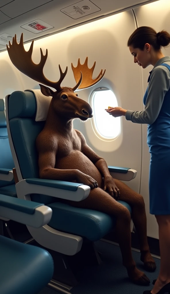 The moose is now shown safely inside the plane, sitting comfortably in a passenger seat while a flight attendant hands him peanuts