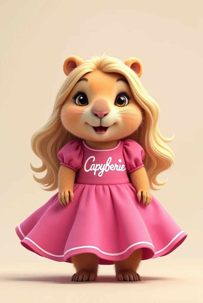 A cute capybara with a happy expression with blonde hair and a pink Barbie dress with the word capybarbie written on it