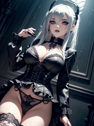  A gothic punk goth girl, perfect face, beautiful Asian woman with long White hair in curls and coils, very cute and           beautiful girl, (highly detailed beautiful face), high detailed fingers, (Blood Red corset) detailed face, curled white hair
]cowboy shot, looking at viewer, Standing, white panties. intricate details, cinematic scene, detailed background, solo, dynamic angle,  ((beautiful big blue eyes looking down at the viewer, black shiny lipstick, perfect Asian goth cyber makeup)) double d breast, detailed cute face, white hair, gothic punk fashion, highly detailed gothic fashion, short skirt, heavy make up,),(dark black lipstick), size, Backlight effect, lens flare, depth of fields, blurry background, Detailedface,1 girl, Detailed eyes, ,(thigh up shot image :1.5), Black gloves, walking in the rain, moonlight night 