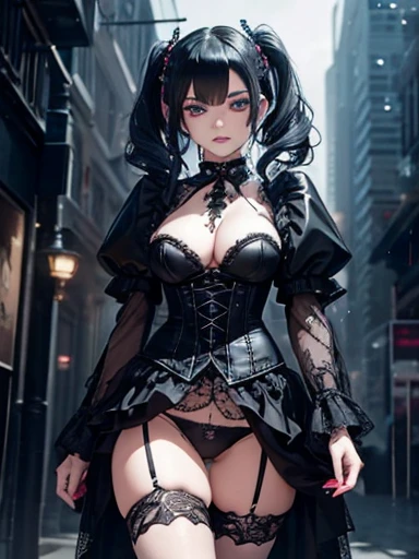  A gothic punk goth girl, perfect face, beautiful Asian woman with long White hair in curls and coils, very cute and           beautiful girl, (highly detailed beautiful face), high detailed fingers, (Blood Red corset) detailed face, curled white hair
]cowboy shot, looking at viewer, Standing, white panties. intricate details, cinematic scene, detailed background, solo, dynamic angle,  ((beautiful big blue eyes looking down at the viewer, black shiny lipstick, perfect Asian goth cyber makeup)) double d breast, detailed cute face, white hair, gothic punk fashion, highly detailed gothic fashion, short skirt, heavy make up,),(dark black lipstick), size, Backlight effect, lens flare, depth of fields, blurry background, Detailedface,1 girl, Detailed eyes, ,(thigh up shot image :1.5), Black gloves, walking in the rain, moonlight night 