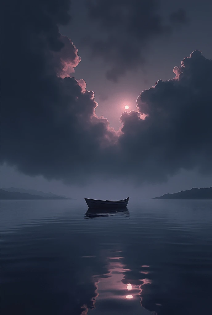 undisturbed water on the ground reflecting the black-purple clouds from the sky. there's a boat on the water staying still. the boat is closer to the frame, make the scenery a little more dark.