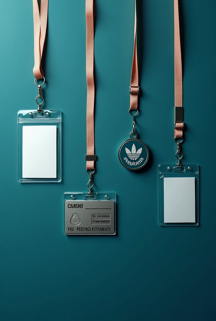 Cream-colored lanyards and promotional badges on a dark cyan background