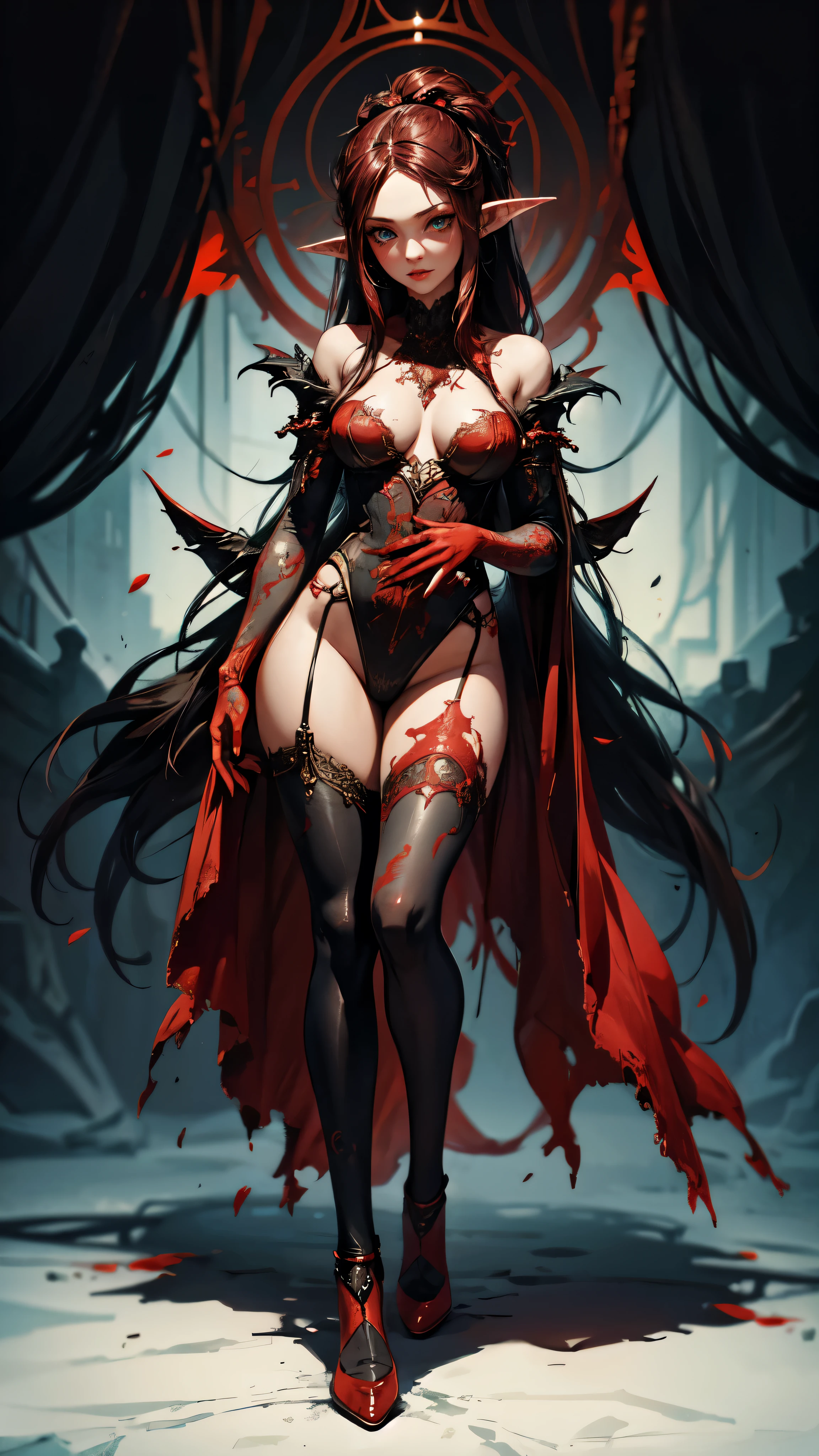 black-red theme, cute woman, detailing, art by alberto seveso,,full body,etalid dace,detailed hands,elf woman,full body,detailed eyes