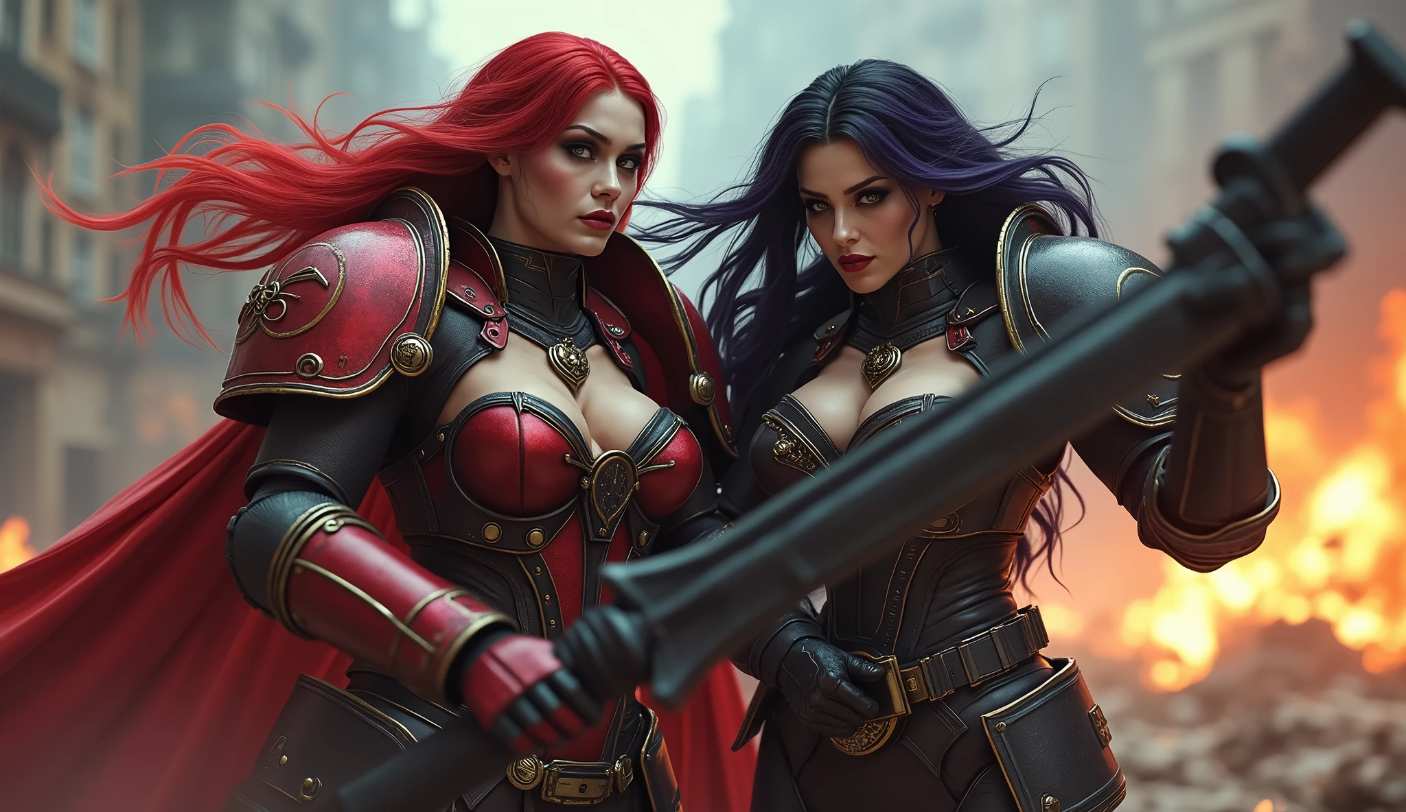 Full body pose sexy sisters of battle from the warhammer 40k, shooting at the enemy, red space marine armor with intricate details, black space marine armor with intricate details, symbols on the armor, sisters of battle, warhammer 40k, Massive exposed silicone breast, pale skin, seductive, temptation, eat your soul, clevage, long red flowing hair, long black flowing hair with purple highlights, heavy gothic makeup, at night, neon, beautiful detailed eyes, beautiful detailed lips, extremely detailed eyes and face, long eyelashes, highly detailed armor, intricate futuristic weaponry, dramatic lighting, cinematic composition, muted color palette, gritty and realistic, mecha, science fiction, hyper-detailed, photorealistic, award winning digital art, 8k, HDR, masters work, in the middle of a battle field, full body combat action pose, explosions and fire around, full war, stunning, Stilleto heels, high heels, full body pose, cinematic, movie trailer, final stand!, nemesis, ready to strike, dust and debree, combat screams, attacking, shooting at the enemy, running forward, last line of defense, charging, fanatic, religious, templar knights, sisters of battle, warhammer 40k, shooting at the enemy, bimbo gigantic exposed breast, jetpacks, space marine, stilleto heels, cinematic light, cameltoe pussy, beautiful pussy, wet pussy, wet body, oiled body, gigantic breast, dynamic super sexy combat action pose, sisters of battle from the warhammer 40K
