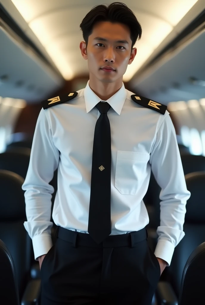 a picture of handsone male cabin crew in his late 20s, thai-korean look, white skin, sleek, middle-parted hair, wearing a very thin long sleeves white shirt that can see through his tank top undershirt inside, have one pocket on his shirt, black pants, black belt with simple head, black tie, black shoulder badges, standing in cabin with both hands in his pockets