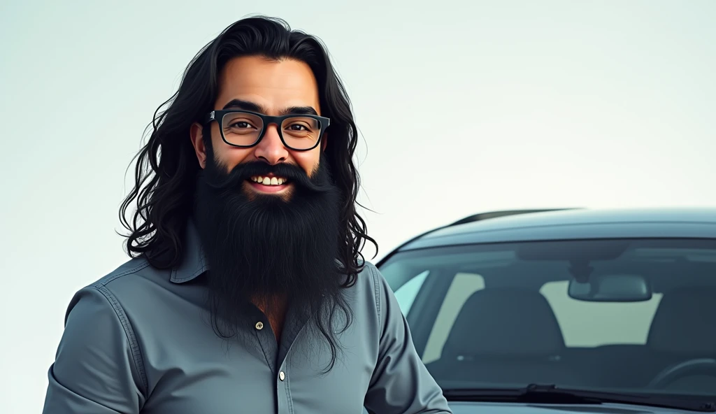 a young teacher who wears glasses with long black hair and a very large black beard. by new car