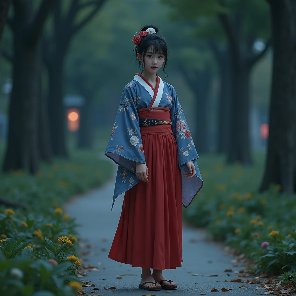 (((Hyperrealistic young Japanese woman))), (((Alone woman))), Delicate and beautiful face, beautiful black eyes, His face expresses peace, calm, funny, beautiful red blue and white kimono, wooden sandals, full body girl in the park, night image, hyperrealistic image, vivid colors, photographic quality