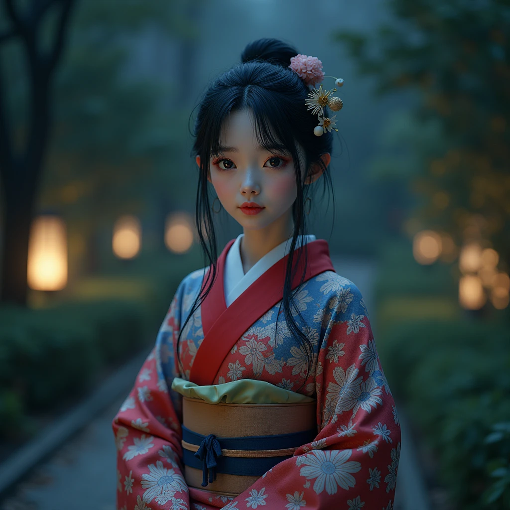 (((Hyperrealistic young Japanese woman))), (((Alone woman))), Delicate and beautiful face, beautiful black eyes, His face expresses peace, calm, funny, beautiful red blue and white kimono, wooden sandals, full body girl in the park, night image, hyperrealistic image, vivid colors, photographic quality