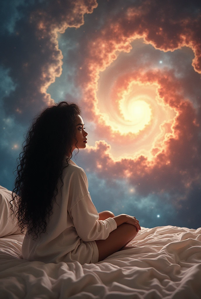 une belle jeune femme métisse aux longs cheveux noir bouclés portant un pyjama blanc est assise sur son lit, elle est entourée d'une gigantesque nébuleuse, elle regarde la nébuleuse, atmosphère magique et apaisante(Meilleure qualité, 4k, 8k,haute résolution) (Réaliste,photo)
